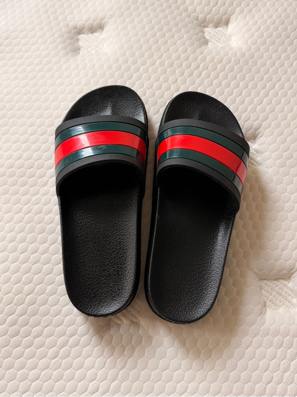 Gucci Black Slides with Signature Green and Red Stripe Band